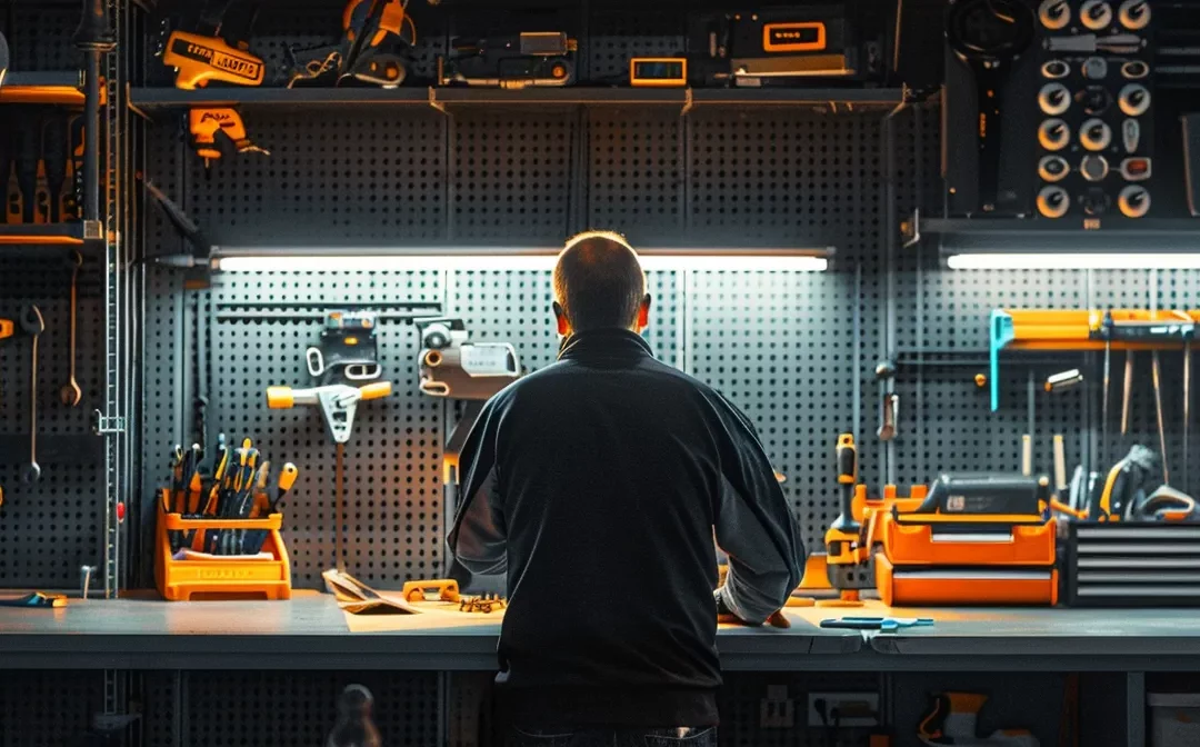 a worker swiftly replacing old equipment on a gleaming, organized workbench with new tools, highlighting efficiency and speed in transforming the workspace.