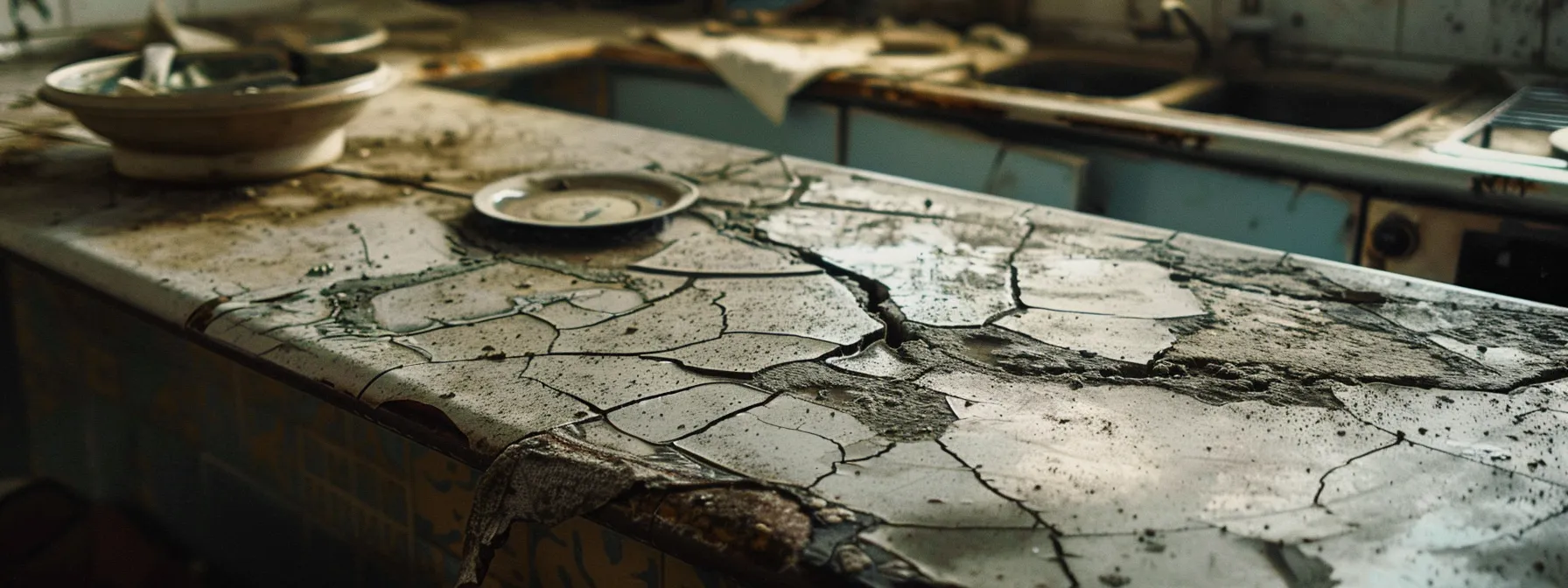 cracked and faded countertops in a worn-out kitchen setting.