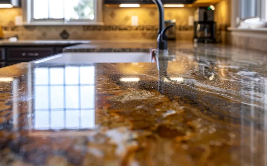 transform your kitchen with a glossy, marble-like countertop after benchtop resurfacing.